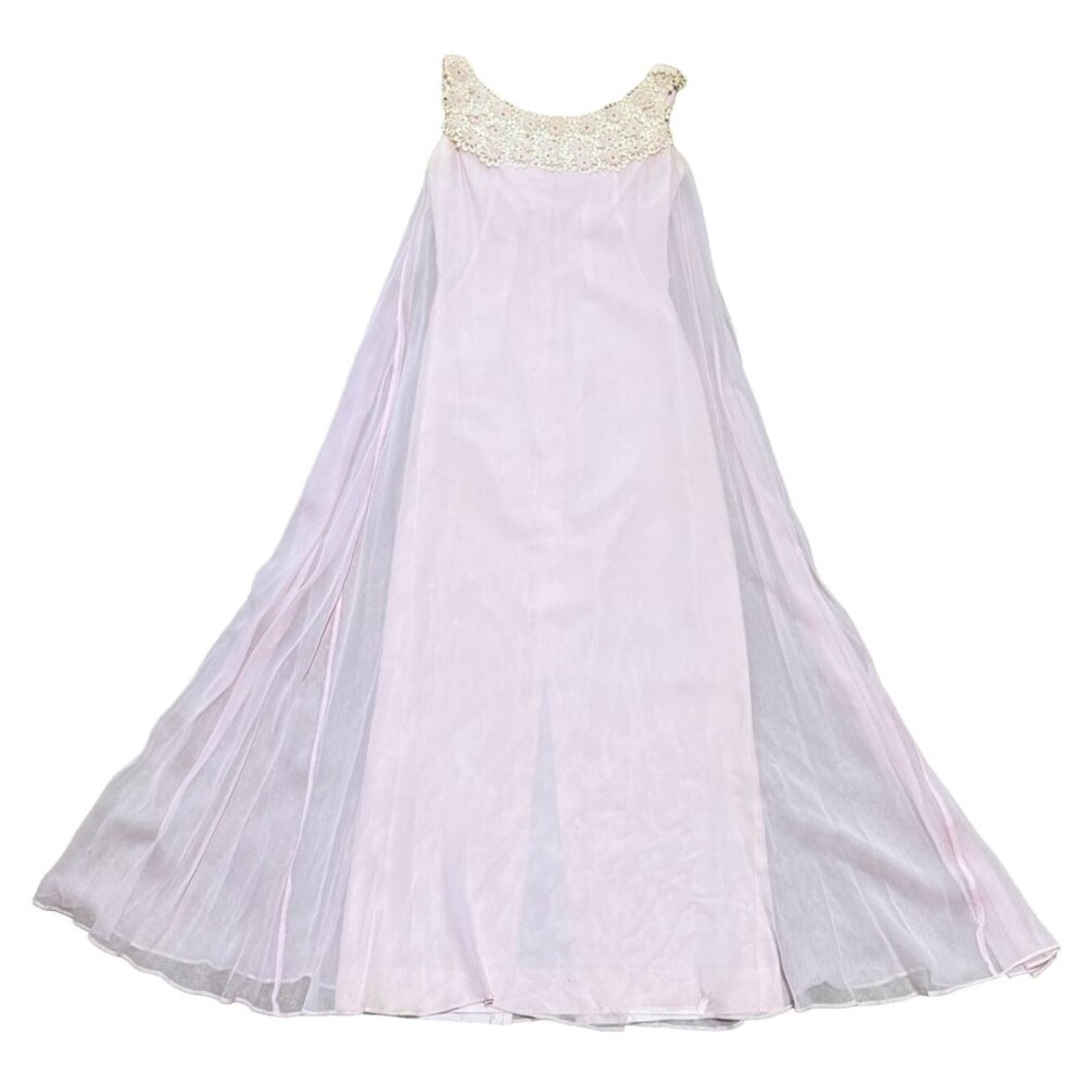 Vtg Nadine 1950s Pink Chiffon Taffeta Maxi Dress Sz S Embroidered Daisies Womens